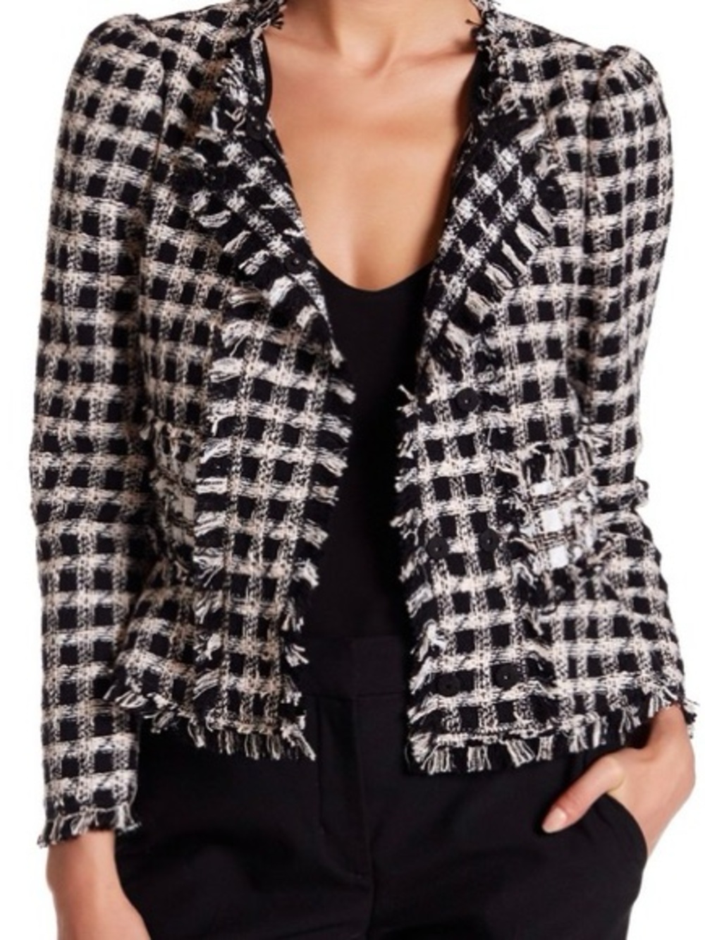 Rebecca Taylor Tweed Plaid Black Multi Cotton Preppy Dark Academia Jacket EUC 6